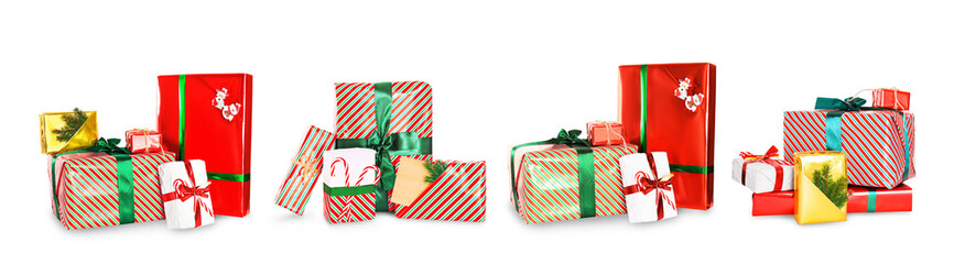 Panoramic set of colorful Christmas gift boxes with ribbons and bows isolated on white background....