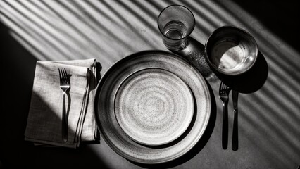Elegant dining setup with monochrome plates and shadows in natural light
