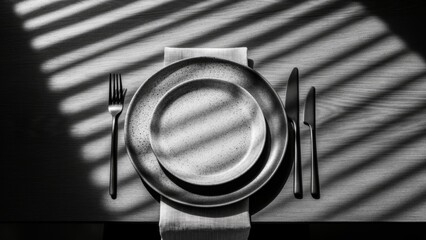 Elegant table setting with contrasting shadows on a fine dining arrangement in black and white