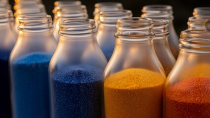Vibrant colored sands in glass bottles arranged in an artistic display under soft evening light