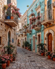 Charming Mediterranean street with stone houses, colorful balconies, blooming flowers and cobblestone path in warm sunlight, romantic European summer travel scene.