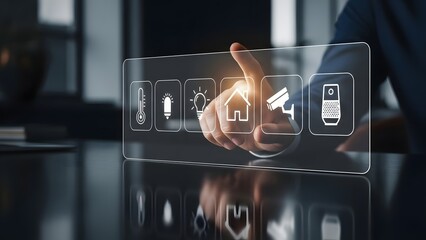 User interacts with a smart home interface displaying various control icons