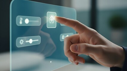 Hand interacting with a futuristic holographic interface displaying home and settings icons
