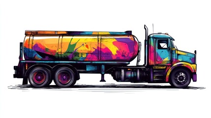 Colorful tanker truck illustration against white background for commercial use