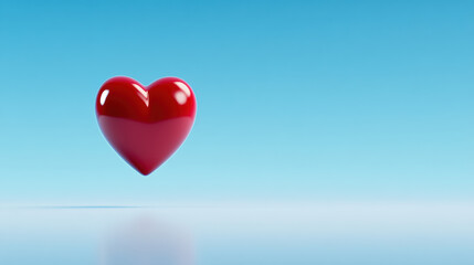 Minimalist red heart floating over soft blue gradient background, serene romantic mood