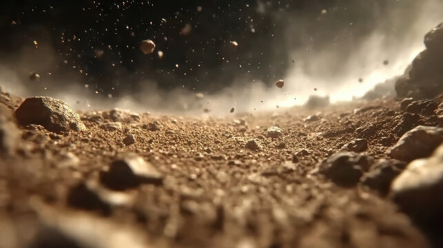 Dusty rocky ground with floating particles and dramatic backlight, moody atmosphere