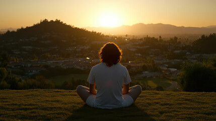 Fototapeta premium Person practicing deep breathing on rooftop at sunrise calm reflective mood
