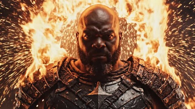 Close up of a warrior in armor facing forward with a determined expression with sparks in background