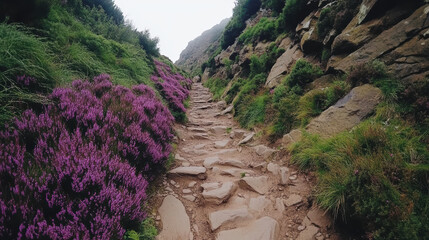 Rocky path heather moor fog bank purple blooms