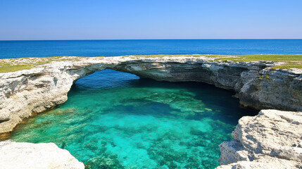 Rocky tropical island cove with turquoise tidal pool and dramatic limestone arch, serene mood