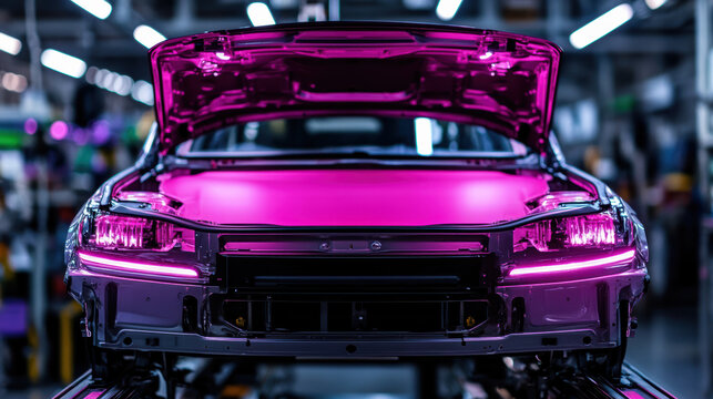 Robotic arm painting car body automated paint booth with vibrant magenta finish, high fidelity