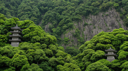 Lush green hillside with twin stone pagoda towers nestled serene forested valley, tranquil mood