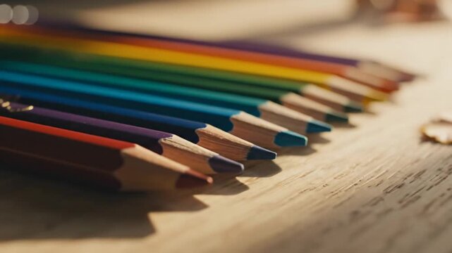 Close up of colored pencils arranged on a wooden surface with a shallow depth of field art supplies