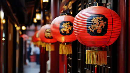 Red paper lantern with golden dragon motif glowing in narrow festive alley, warm ambience