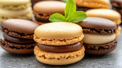 Buttery caramel and chocolate macarons with fresh mint garnish, elegant dessert presentation
