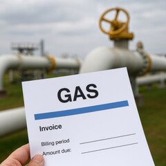 Hand holds "GAS" "Invoice" sheet near outdoor pipeline valve. Concept of energy bill and infrastructure