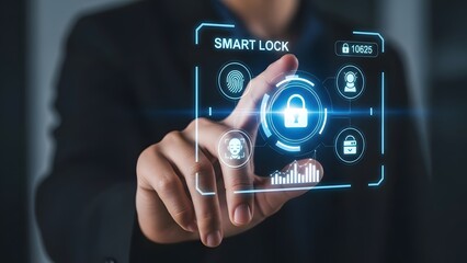 Hand activating a futuristic holographic smart lock interface, symbolizing advanced digital security, home automation, and modern access control technology