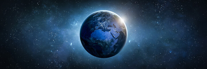 Planet Earth globe at night in the space. Blue planet surface. Wide space wallpaper. Deep space and stars on background. Elements of this image furnished by NASA. Not AI content