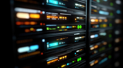 Naklejka premium Clean white data center rack with colorful LED indicators creating high fidelity glow