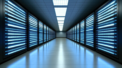Fototapeta premium High tech server room corridor with rows of illuminated racks and cool blue lighting evoking