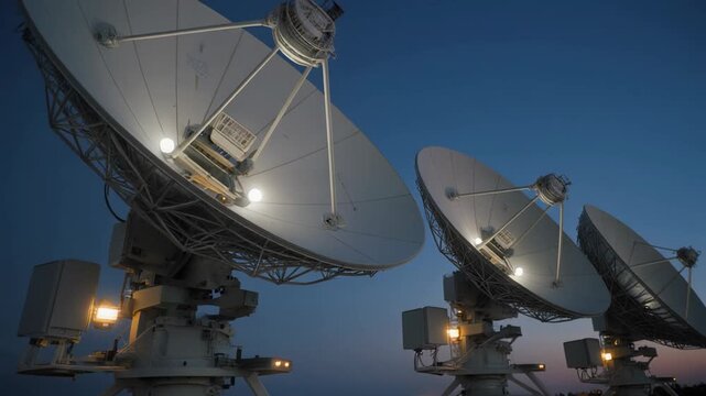 Realistic satellite dish array at dusk, commercial-style landscape