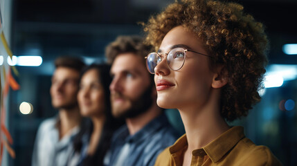 Faceless diverse team collaborating on project heavily defocused background anonymous professionals using sticky notes and large diagram visual planning problem solving