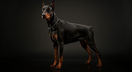 Elegant canine portrait: a sleek, dark-coated dog with a chain stands proudly in a studio setting.