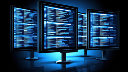 Blue monitors displaying flowing code streams in high tech data center with glowing reflection