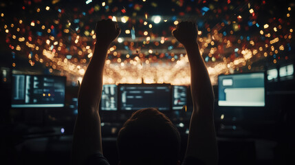 Programmer celebrating success with raised arms front of multiple monitors, festive confetti
