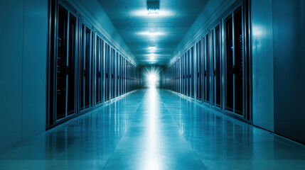 Futuristic data center corridor with rows of server cabinets and glowing blue light