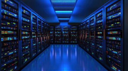 Futuristic data center with glowing server racks and holographic network overlay, cool blue