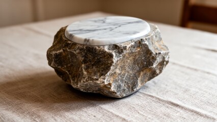 Unique stone table with marble top adds elegance to rustic interior design