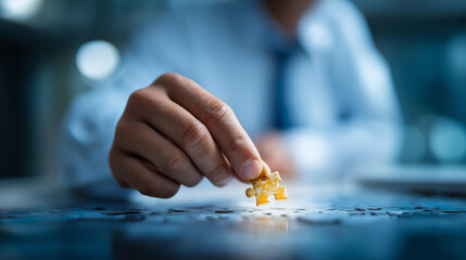 Problem solved with faceless hand placing final puzzle piece heavily defocused background anonymous person with solution label completing jigsaw symbolizing finding resolution
