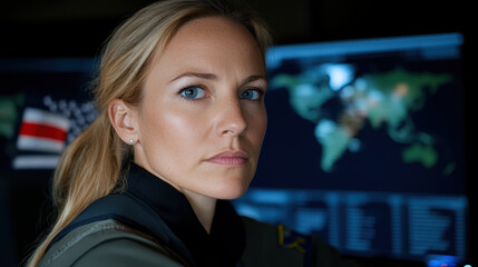 Security analyst in control room with world map display and focused expression