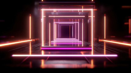 Neon tunnel of glowing pink and orange square frames with reflective black floor and futuristic