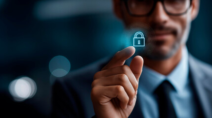 Faceless business person analyzing cybersecurity dashboard heavily defocused background with prominent lock icon anonymous professional with data security IT solutions risk