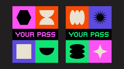 Y2K event pass with dynamic lines, geometric symbols and bright futuristic colors. Modern retro digital ticket concept. Futuristic Y2K patches, labels, tags, stickers, and bracelet stamps. 