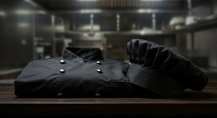 A folded black chef's jacket and toque resting on a dark table, ready for culinary action.
