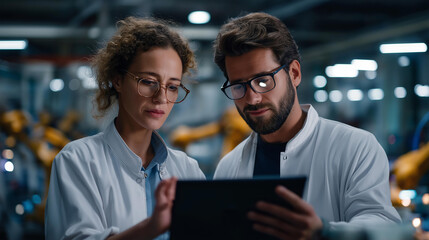 Fototapeta premium Two faceless diverse engineers talking on factory floor heavily defocused electronics manufacturing plant background anonymous female and male specialists using tablet