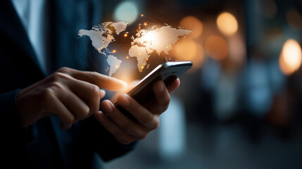 Digital banking technology on smartphone heavily defocused background financial innovation with online transactions data security fintech solutions global economic