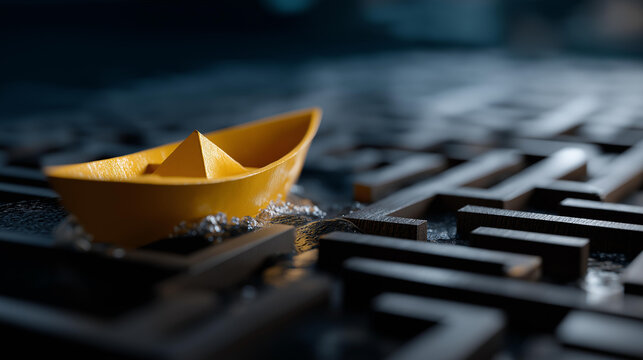 Yellow boat sailing out from maze heavily defocused problem background creative idea and problem solving solution concept navigating complexity visualization breakthrough