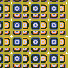 Abstract dynamic shapes in a vibrant colorful circle and rectangle pattern for modern fabric, textile design, and bold statement apparel.