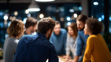 Fototapeta premium Faceless diverse group of business colleagues gathering around table heavily defocused modern office background anonymous team in lively brainstorming session discussing ideas