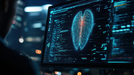 Medical imaging control room monitors displaying lung scan with neural network visualization