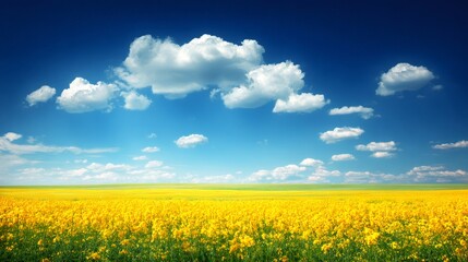 Obraz premium Bright yellow canola field extending to the horizon beneath a deep blue summer sky and scattered white clouds