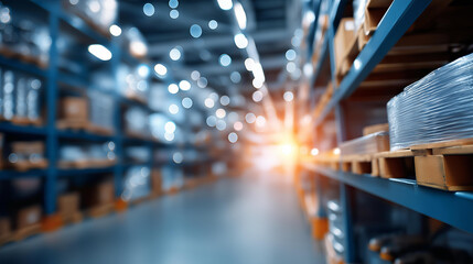 Automated warehouse panoramic view heavily defocused background showcasing smart technology and design efficient storage solutions visualization logistics innovation display