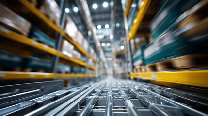 Automated warehouse panoramic view heavily defocused background showcasing smart technology and design efficient storage solutions visualization logistics innovation display