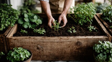 Gardener planting fresh herbs in rustic raised wooden planter, cultivating organic and sustainable home garden