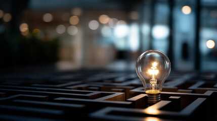 White maze with illuminated light bulb heavily defocused background placed in open section symbolizing idea or solution amidst complexity breakthrough thinking visualization