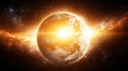 Fototapeta premium Golden glowing planet with radiant light and milky galaxy band